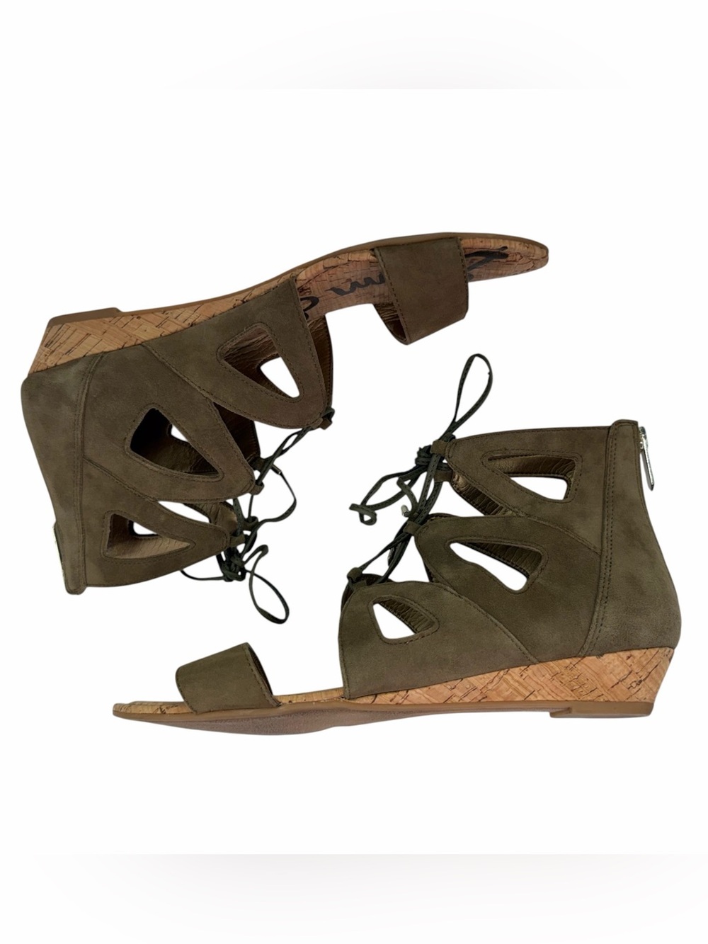 Sam Edelman Dean Lace-Up Gladiator Sandals Olive Green Suede Cork Wedge Size 8.5